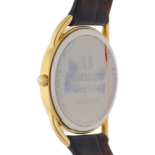 Reloj Seculus para dama en acero vista chapa correa piel.