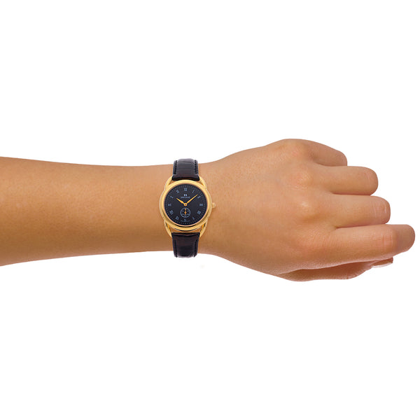 Reloj Seculus para dama en acero vista chapa correa piel.