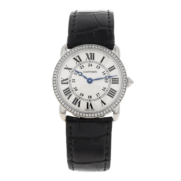 Reloj Cartier para dama modelo Ronde Louis caja en oro blanco 18 kilates.