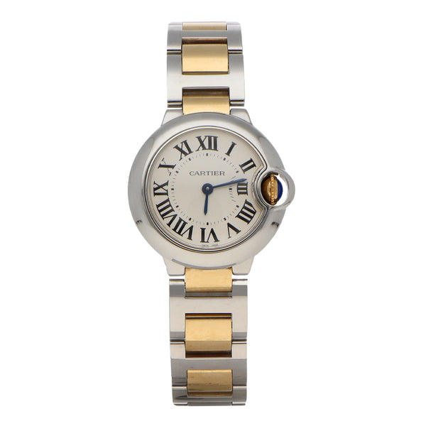 Reloj Cartier para dama modelo Ballon Blue en acero vistas oro amarillo 18 kilates.