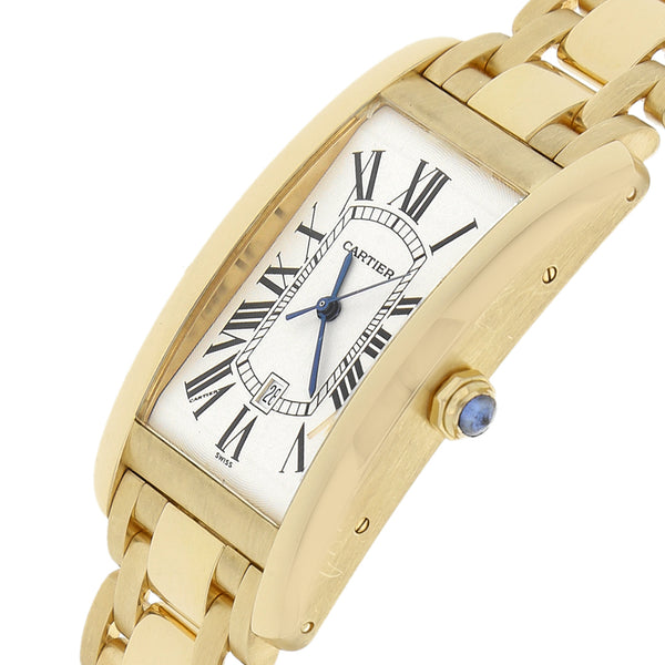 Reloj Cartier para caballero modelo Tank Americano en oro amarillo 18 kilates.