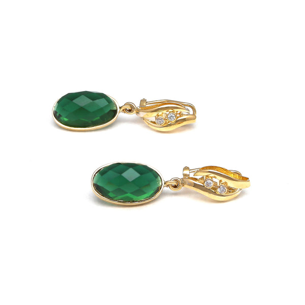 Aretes estilizados con cuarzos verdes y circonias en oro amarillo 14 kilates.