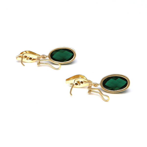 Aretes estilizados con cuarzos verdes y circonias en oro amarillo 14 kilates.