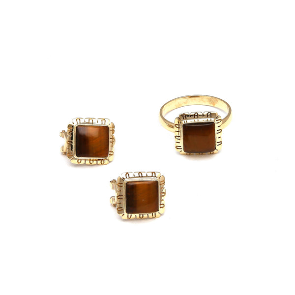 Juego de anillo y aretes cuadrados con ojo de tigre en oro amarillo 14 kilates.