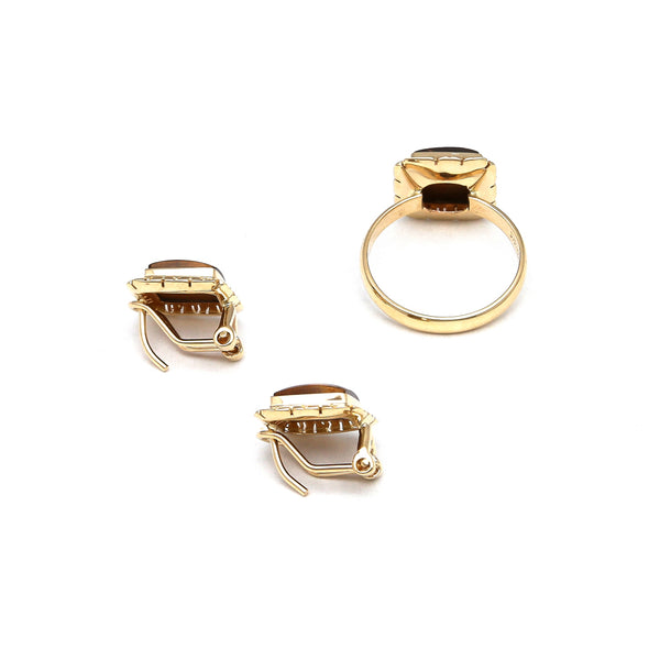 Juego de anillo y aretes cuadrados con ojo de tigre en oro amarillo 14 kilates.