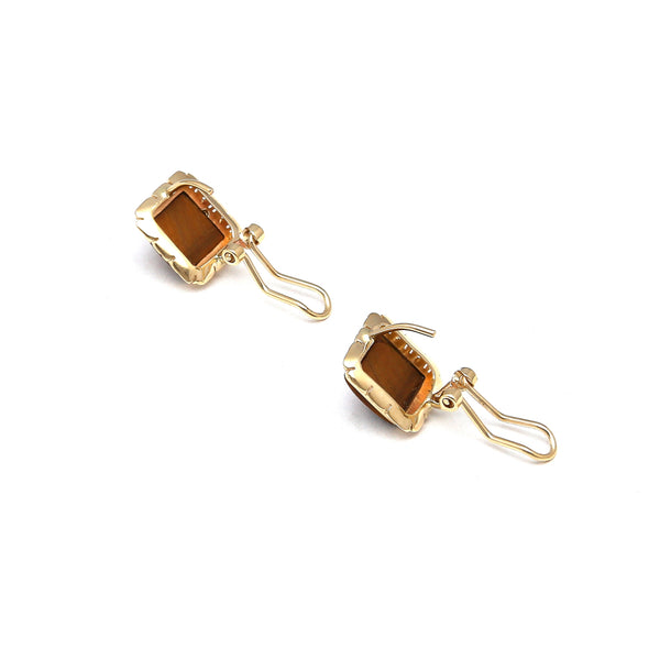 Juego de anillo y aretes cuadrados con ojo de tigre en oro amarillo 14 kilates.