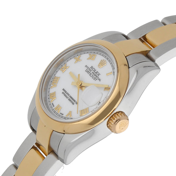 Reloj Rolex para dama modelo Oyster Perpetual DateJust vistas en oro amarillo 18 kilates.