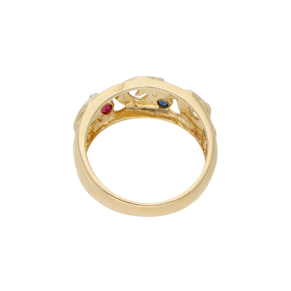 Anillo calado motivo delfines con diamantes y sintéticos en oro amarillo 14 kilates.