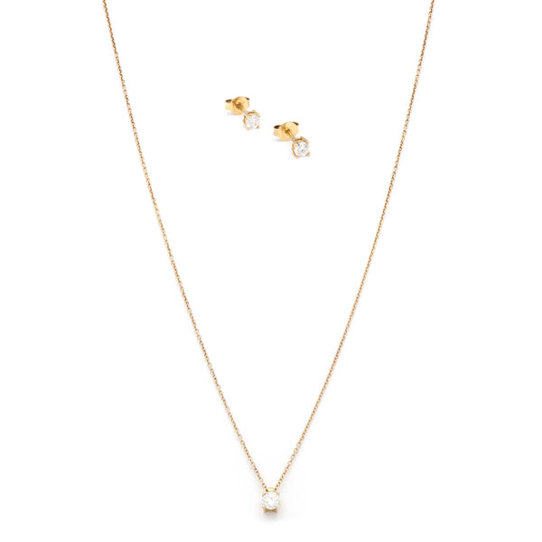 Juego de gargantilla eslabón cruzado con colgante y aretes diseño especial con diamantes en oro amarillo 14 kilates.
