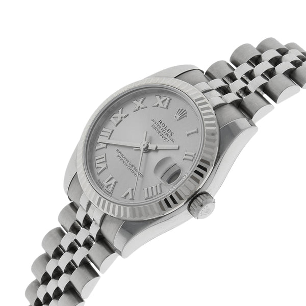 Reloj Rolex para dama modelo Oyster Perpetual DateJust bisel en oro blanco 18 kilates.