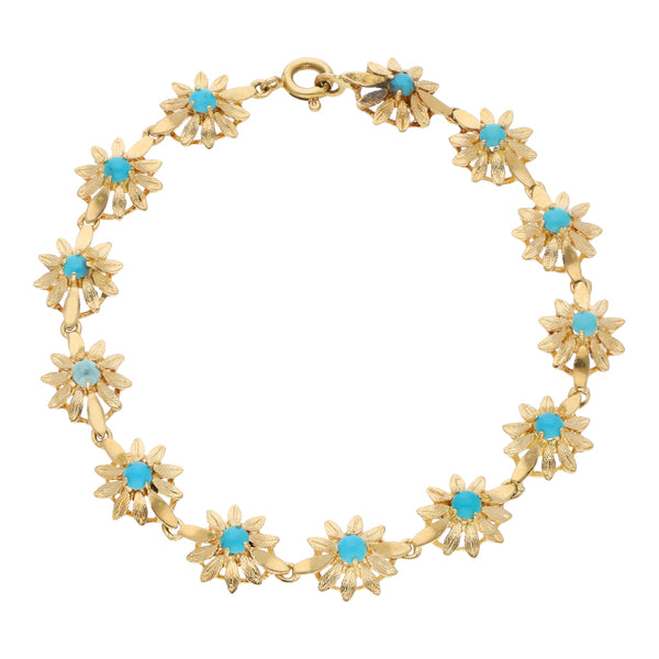 Pulsera eslabón articulado motivo floral con turquesas en oro amarillo 18 kilates.