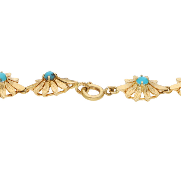 Pulsera eslabón articulado motivo floral con turquesas en oro amarillo 18 kilates.