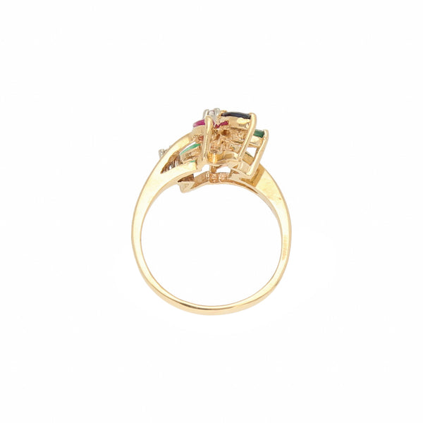 Anillo diseño especial con diamantes, esmeraldas, rubíes, zafiros en oro amarillo 14 kilates.