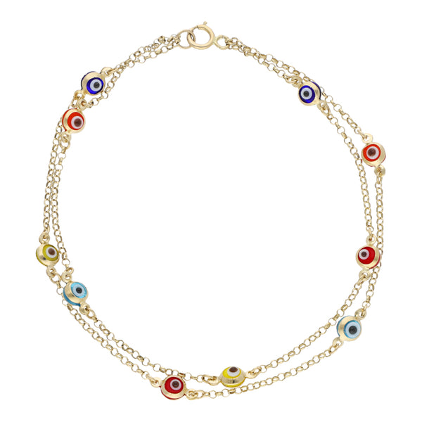 Pulsera eslabón cruzado con aplicaciones motivo ojos y sintéticos en oro amarillo 14 kilates.