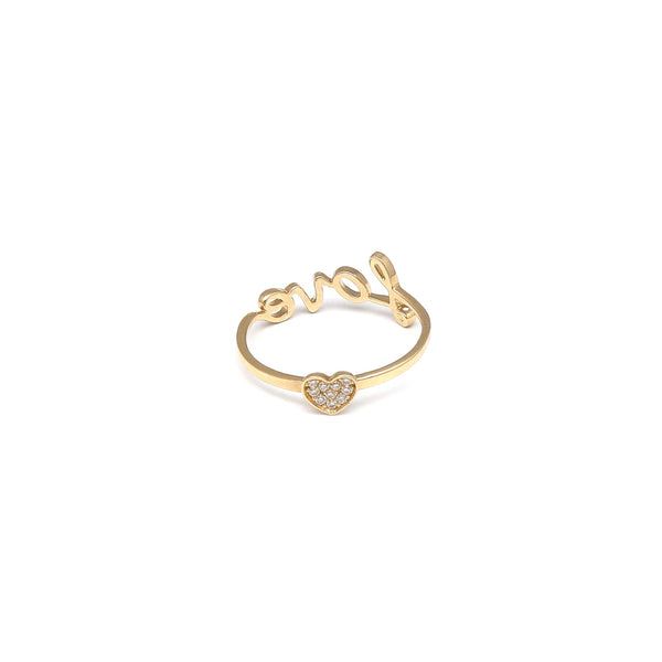 Anillo diseño especial motivo letras y corazón con circonias en oro amarillo 14 kilates.