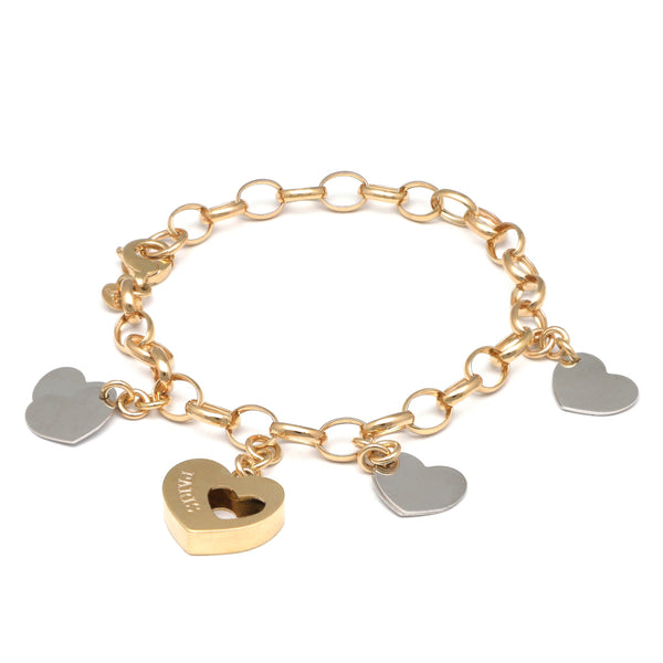 Pulsera eslabón cruzado laminado con colgantes motivo corazón en oro dos tonos 14 kilates.