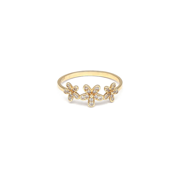 Anillo estilizado motivo floral con circonias en oro amarillo 14 kilates.