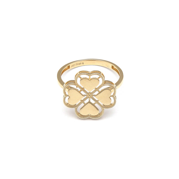 Anillo calado motivo trébol de corazones en oro amarillo 14 kilates.