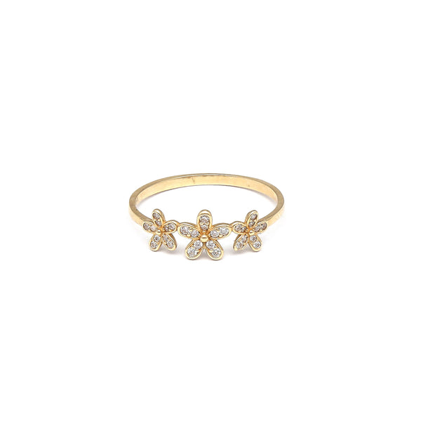 Anillo estilizado motivo floral con circonias en oro amarillo 14 kilates.