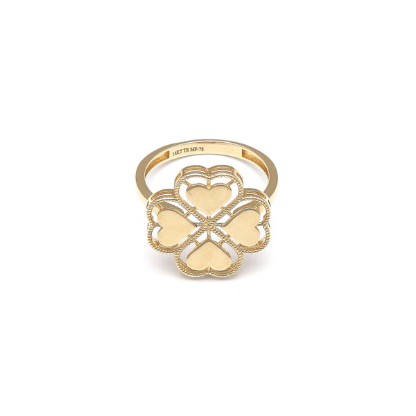 Anillo calado motivo trébol de corazones en oro amarillo 14 kilates.