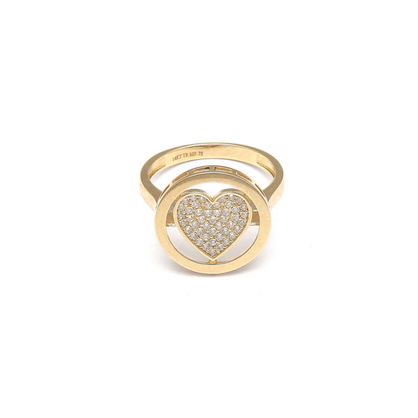 Anillo calado motivo corazón con circonias en oro amarillo 14 kilates.