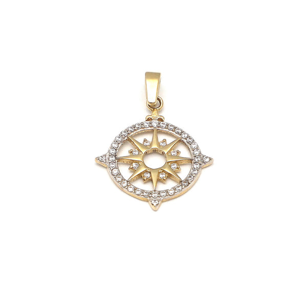 Dije calado motivo rosa de los vientos con circonias en oro amarillo 14 kilates.