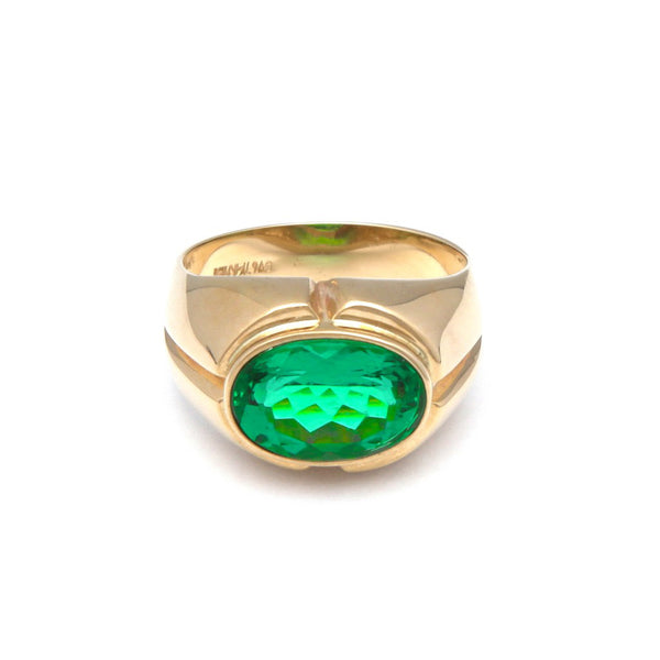 Anillo diseño especial con obsidiana verde en oro amarillo 14 kilates.