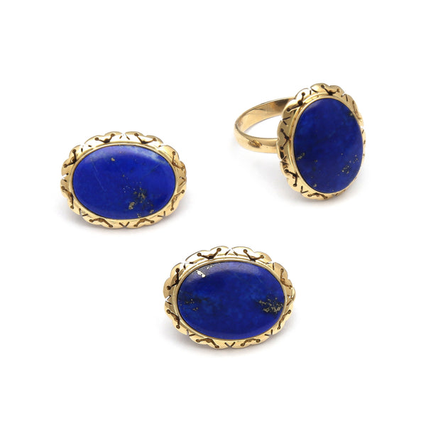 Juego de anillo y aretes calados con lapislazuli en oro amarillo 14 kilates.