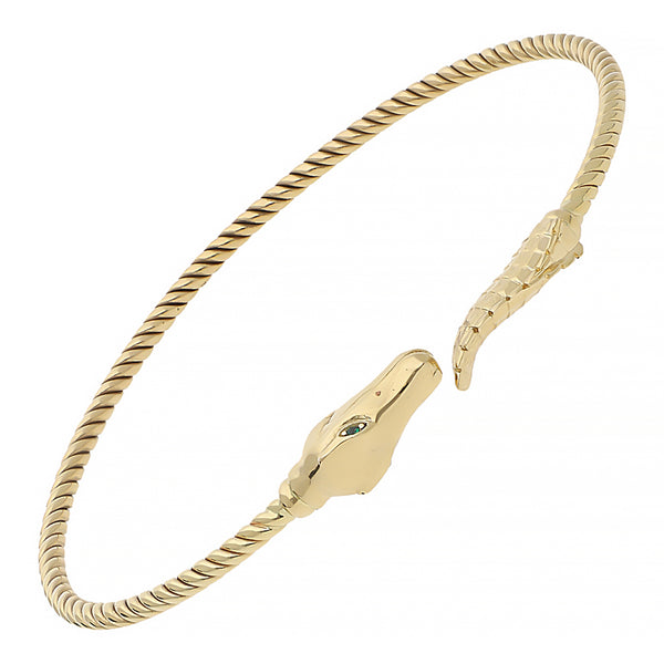 Pulsera de arillo torzal motivo cocodrilo con sintéticos en oro amarillo 14 kilates.