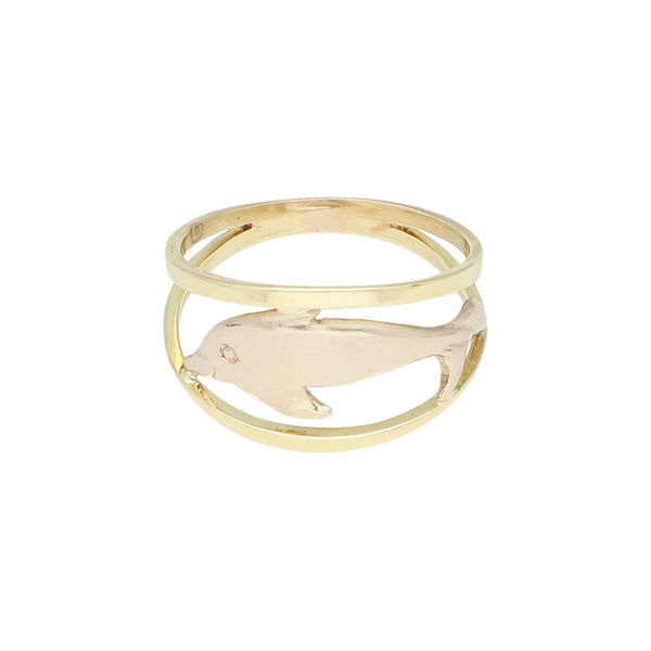Anillo diseño especial motivo delfin en oro amarillo 14 kilates.