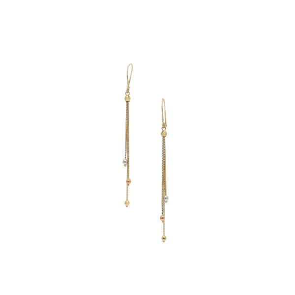 Aretes diseño especial con colgantes y esferas en oro amarillo 14 kilates.