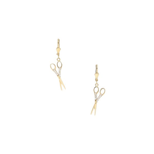 Aretes diseño especial con circonias motivo tijeras en oro amarillo 14 kilates.