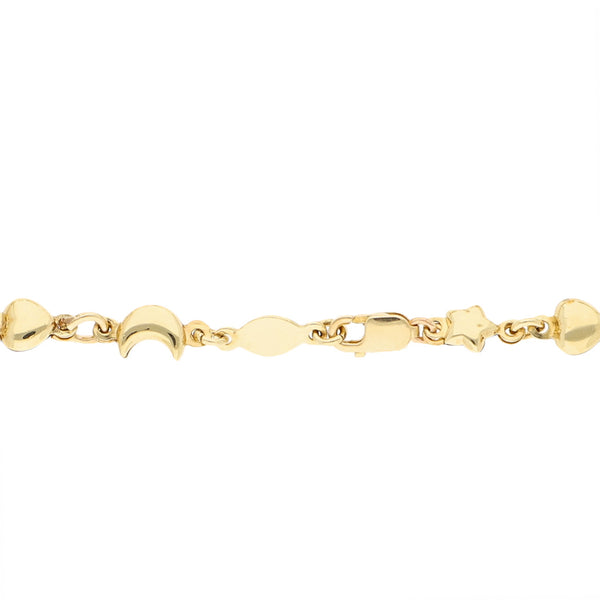 Pulsera eslabón combinado motivo corazón, luna y estrellas en oro amarillo 14 kilates.