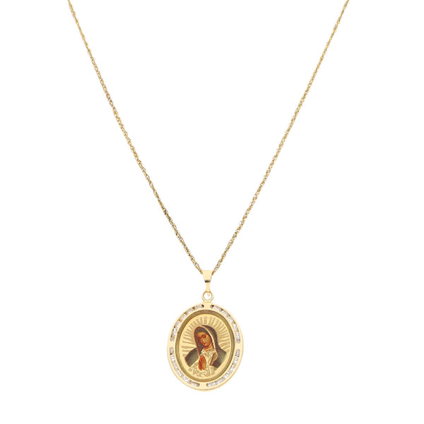 Collar eslabón cruzado doble y medalla diseño especial motivo Virgen de Guadalupe con circonias en oro amarillo 14 kilates.