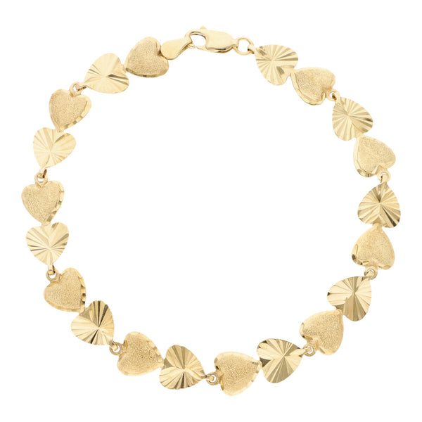 Pulsera eslabón articulado motivo corazones en oro amarillo 14 kilates.