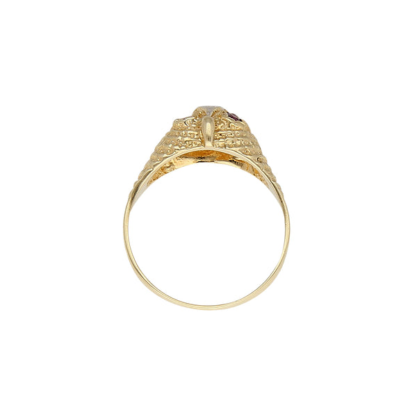 Anillo estilizado motivo búho con rubíes y circonias en oro amarillo 14 kilates.