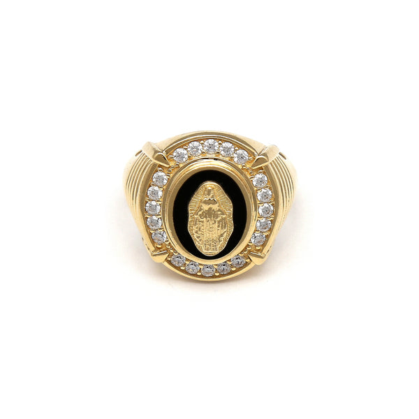 Anillo tipo sello motivo Virgen de Guadalupe con sintéticos en oro amarillo 14 kilates.