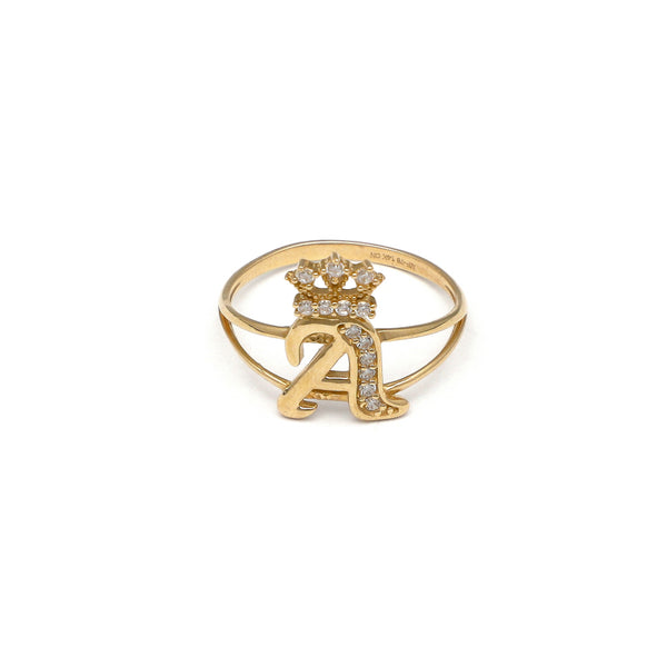 Anillo diseño especial motivo letra A coronada con circonias en oro amarillo 14 kilates.