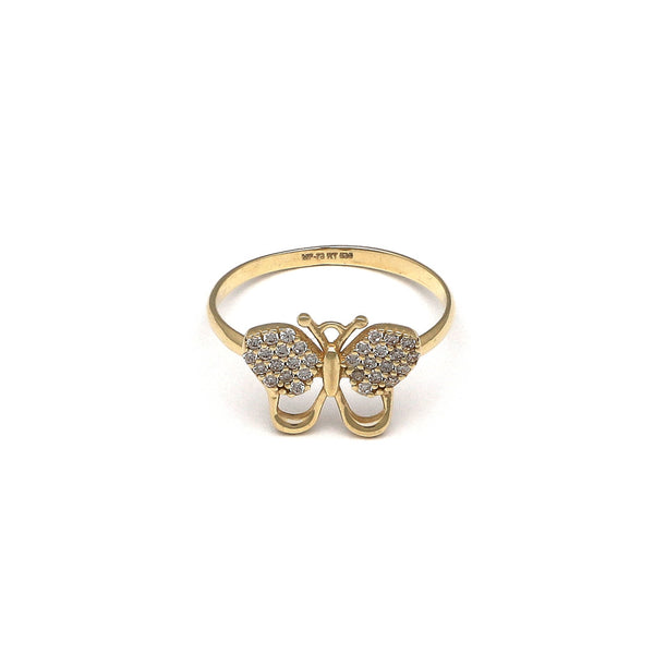 Anillo diseño especial motivo mariposa con circonias en oro amarillo 14 kilates.