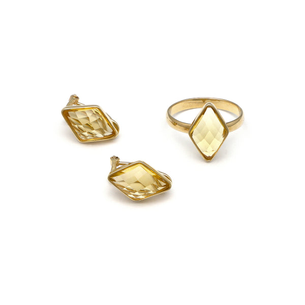 Juego de anillo y aretes diseño especial con citrino en oro amarillo 14 kilates.