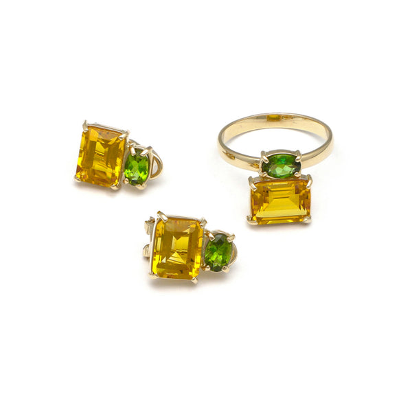 Juego de anillo y aretes diseño especial con citrinos y peridotos en oro amarillo 14 kilates.