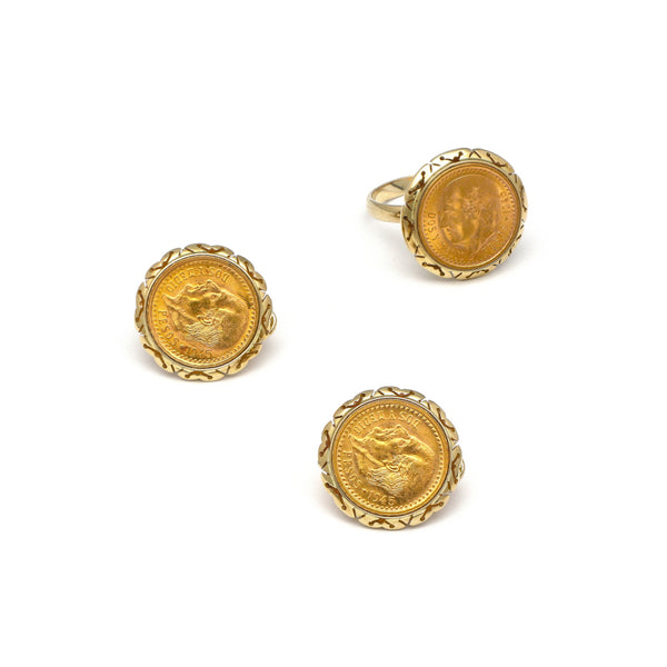 Juego de anillo y aretes calados con monedas de dos y medio pesos oro mexicano 21.6 kilates en oro amarillo 14 kilates.