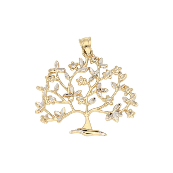 Dije calado platinado motivo árbol en oro amarillo 14 kilates.