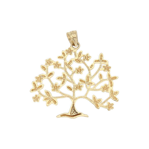 Dije calado platinado motivo árbol en oro amarillo 14 kilates.