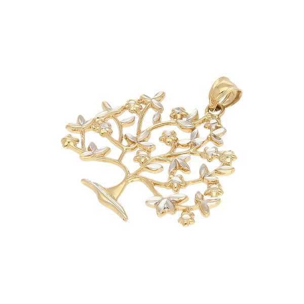 Dije calado platinado motivo árbol en oro amarillo 14 kilates.