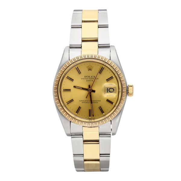 Reloj Rolex para caballero modelo Oyster Perpetual Date vistas oro amarillo 14 kilates.