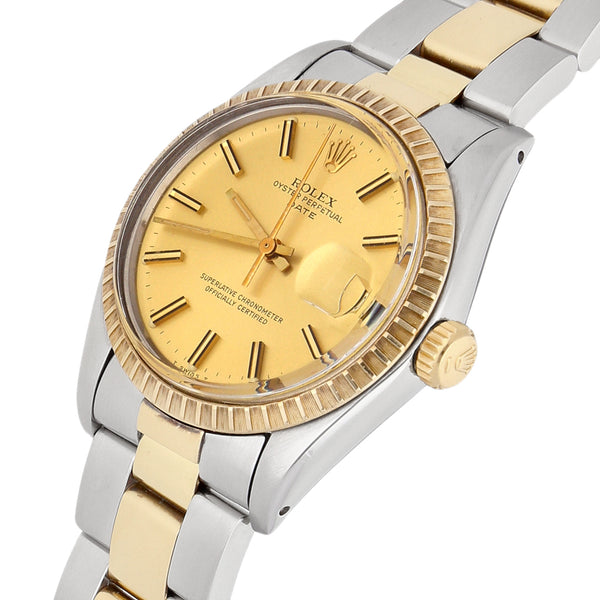 Reloj Rolex para caballero modelo Oyster Perpetual Date vistas oro amarillo 14 kilates.