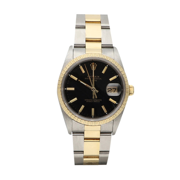 Reloj Rolex para caballero modelo Oyster Perpertual Date vistas oro amarillo 14 kilates.