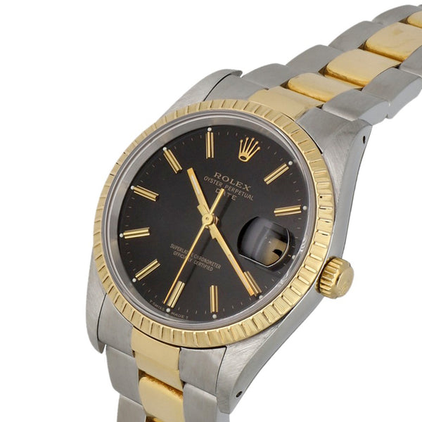 Reloj Rolex para caballero modelo Oyster Perpertual Date vistas oro amarillo 14 kilates.