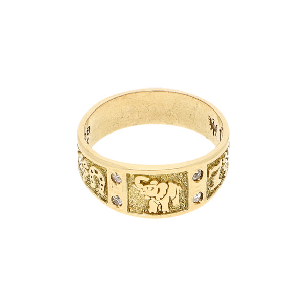 Anillo diseño especial motivos de la suerte con sintéticos en oro amarillo 14 kilates